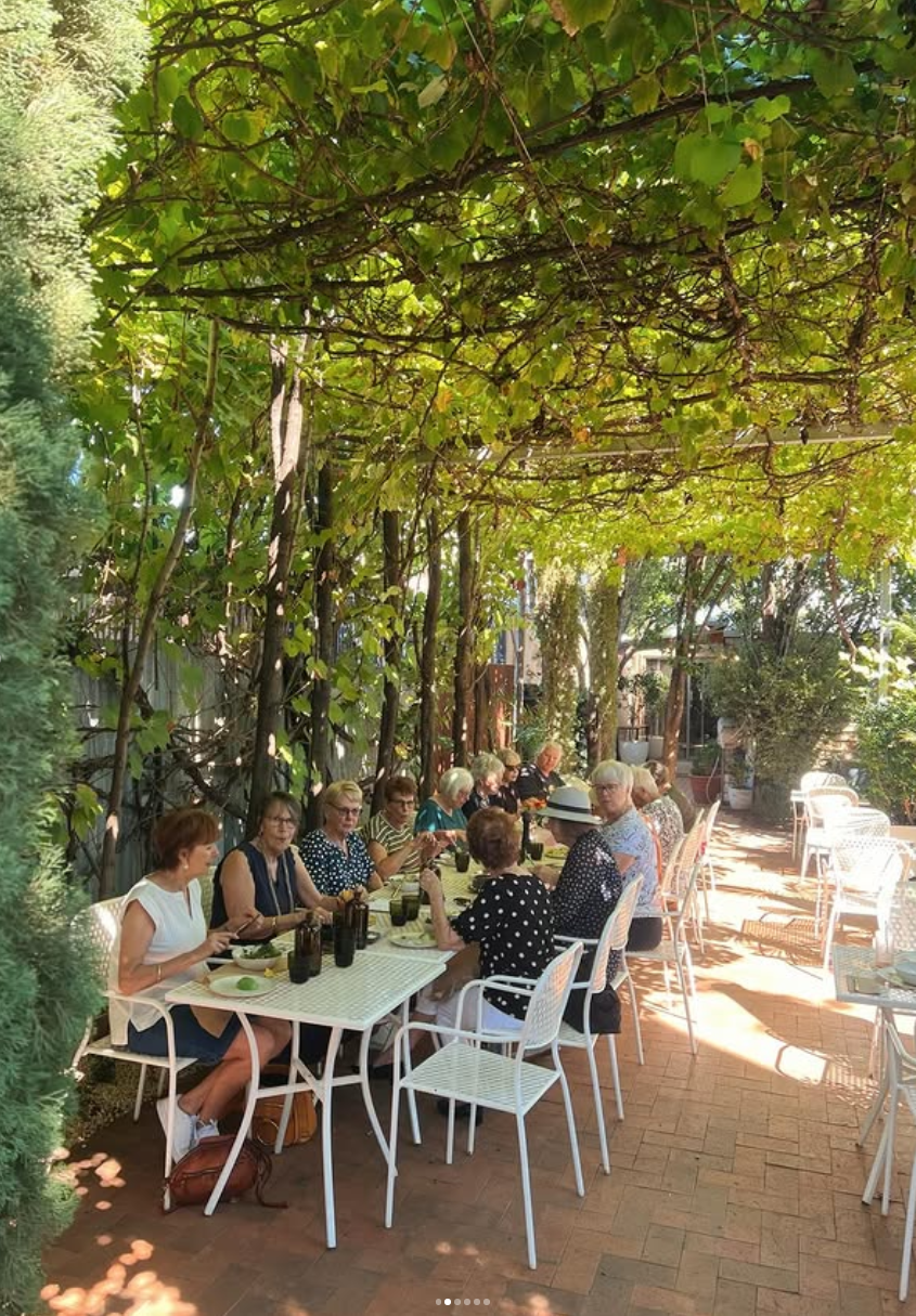 Guests dining under a green vine canopy in the garden